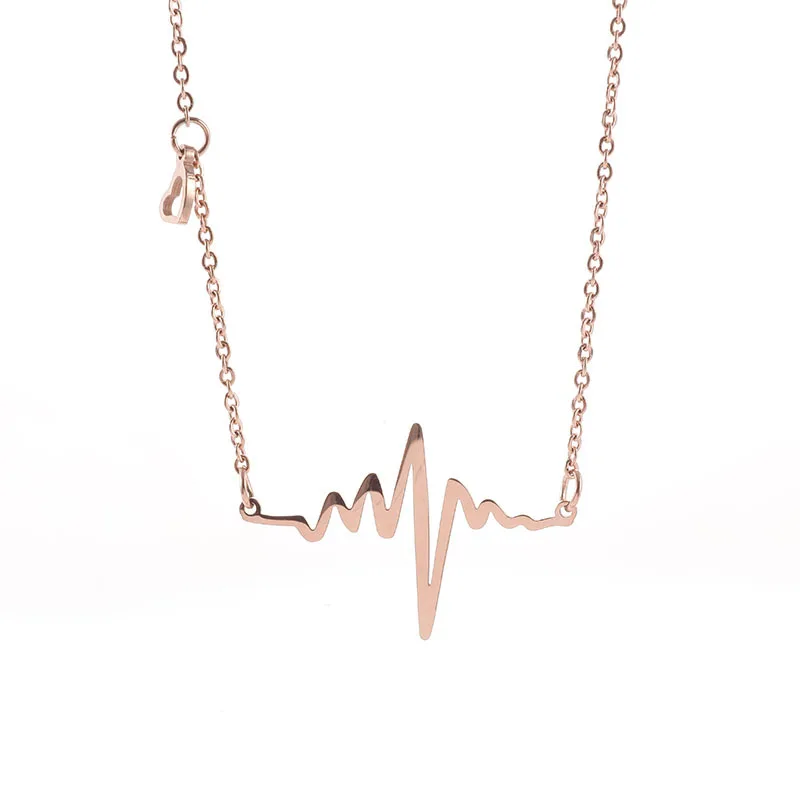 Fashion 18K Gold Plated Romantic Love Electrocardiogram Pulse Charm Pendant Necklace Stainless Steel Heartbeat For Women