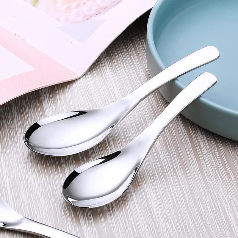 Wholesale Metal 304 Stainless Steel Curved Handle Round Bottom Ramen Soup Spoon Child Students Rice Spoon