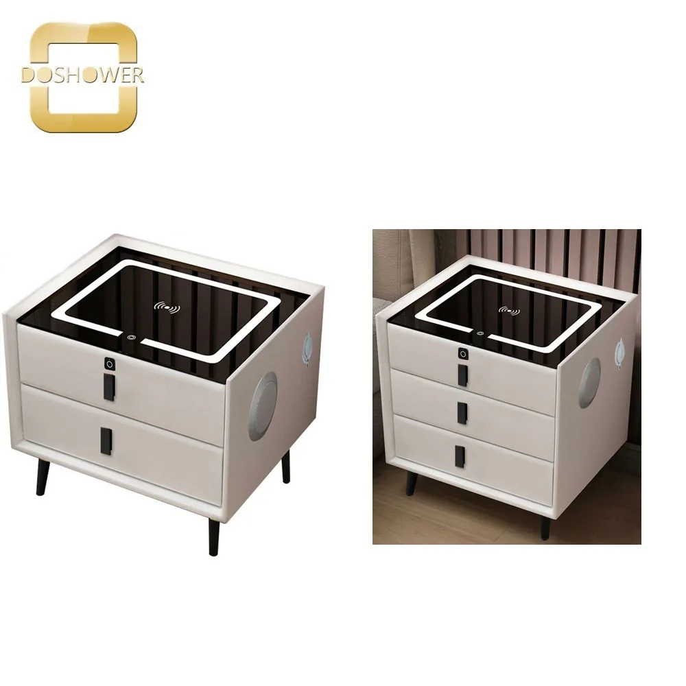 Bedroom Smart Bedside Table with 3 Drawers USB Three-Color Light  of Wireless Fingerprint Lock