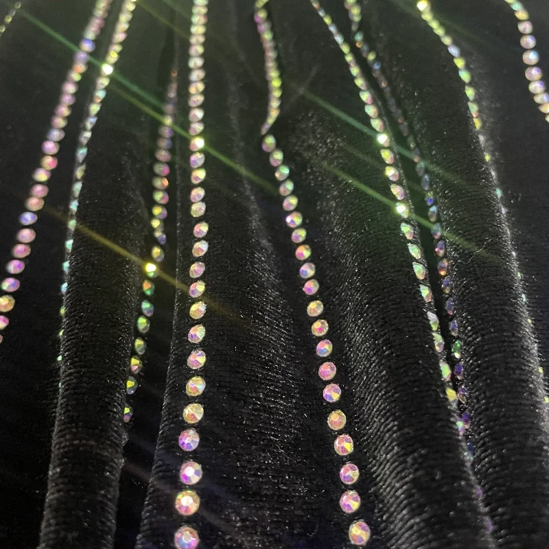 Popular Gorgeous AB Rhinestone Gemstone Hot Drilling Stripe Pattern Velvet Fabric for Custom