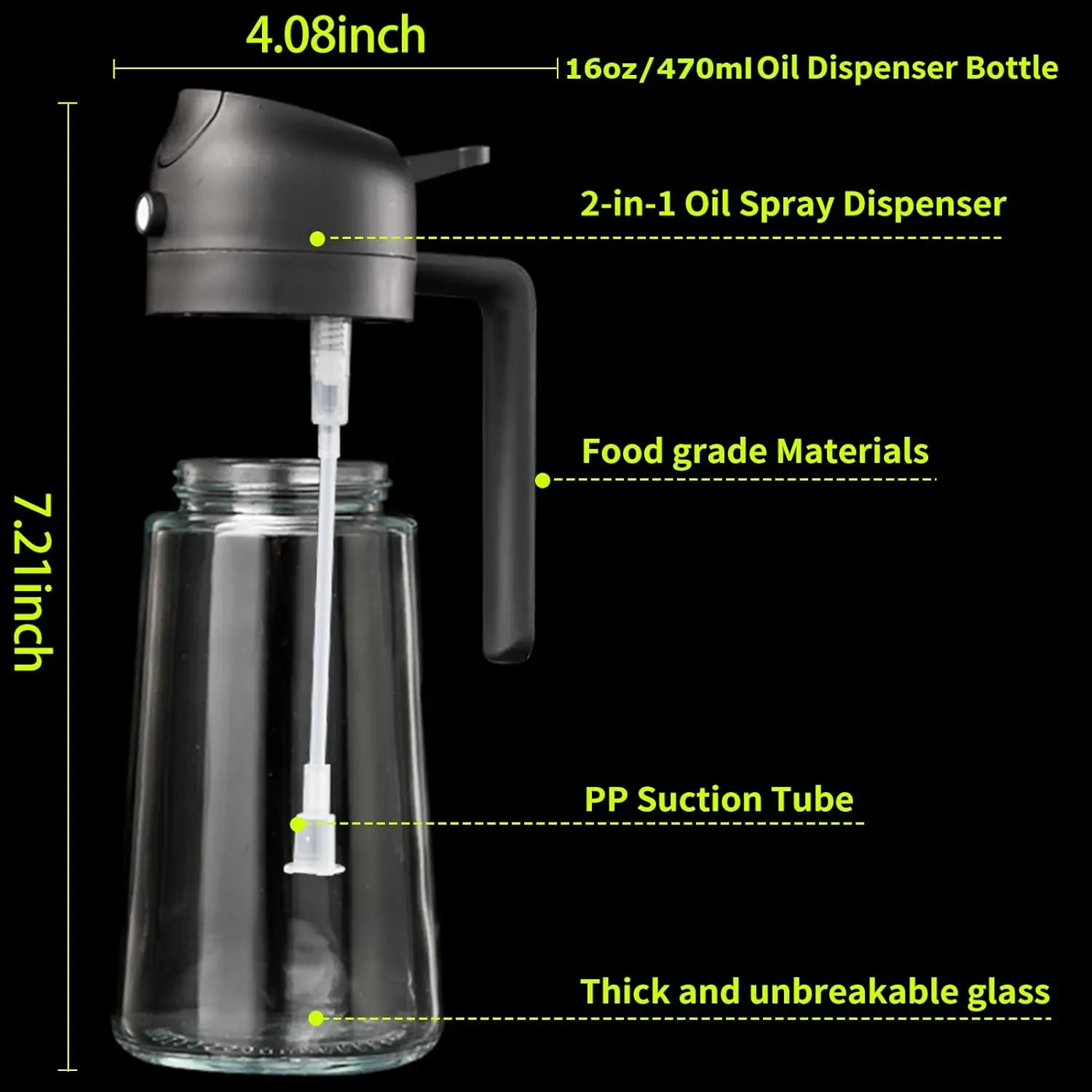 16oz/470ml  2 in 1 Glass Olive Oil Mister Sprayer Dispenser Spray Bottle for Kitchen and Air Fryer, Barbecue, Salad