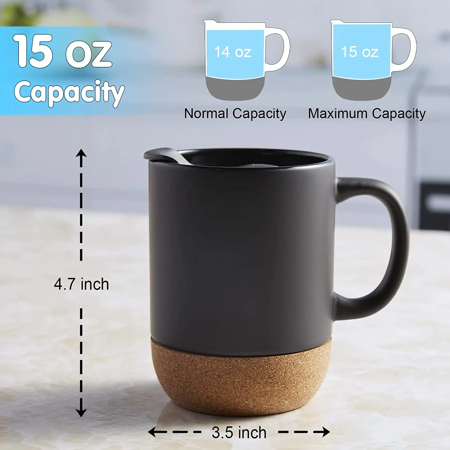 Ceramic Matte Black Mug Set with Cork Bottom and Spill-resistant Lid Large Coffee Mugs for men and women office
