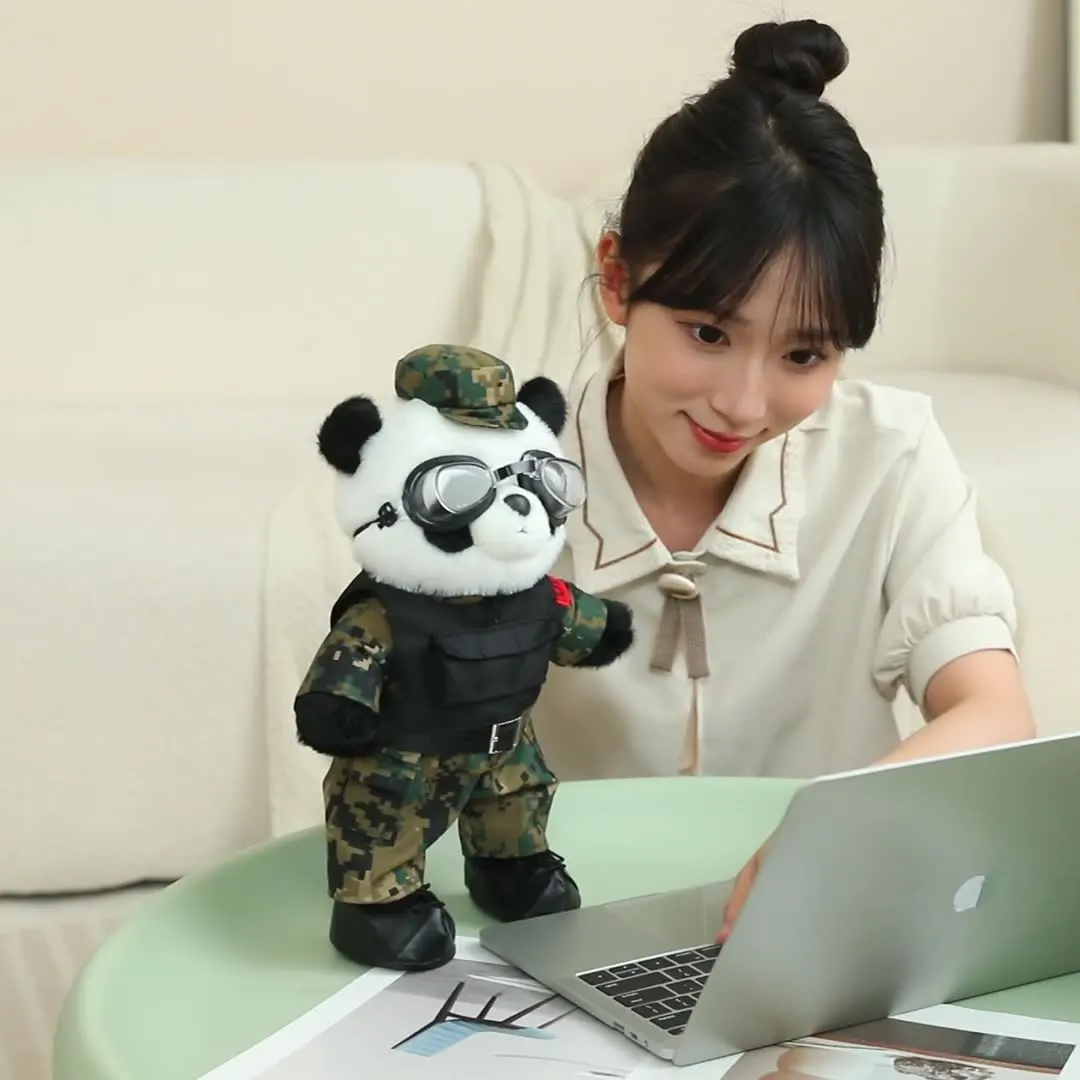 A Handsome Rabbit Plush Toy Wearing A Military Turn And A Panda Soldier Plush Toy Wearing A Handsome Military Uniform
