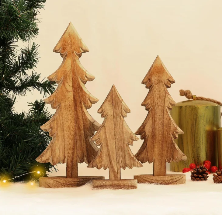 202411 3 Pcs Wooden Christmas Trees Tabletop Christmas Trees Wood Christmas Decoration Handmade Wooden Trees