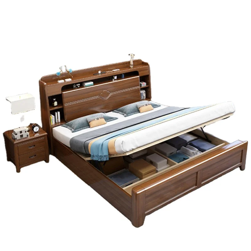 Light luxury gold silk sandalwood solid wood bed 1.5 meters 1.8 meters double high box leather soft storage bed
