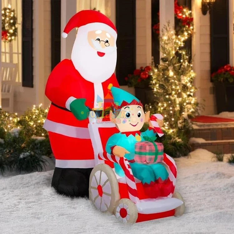 Outdoor xmas holiday yard decoration 6ft airblown inflatable christmas santa pushing elf in wheelchair