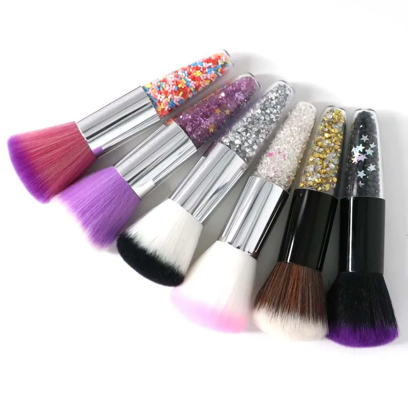 Private Label Mini Small Fat Dumpy Clear Purple Glitter Crystal Heart Shape Acrylic Handle Kabuki Foundation Powder Brush Makeup