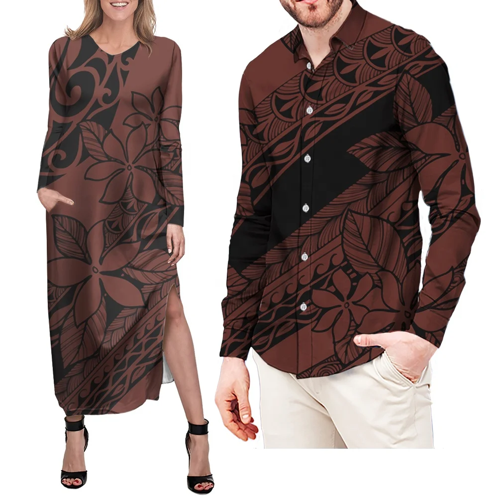 Red Samoan Floral casual dresses lady party dress matching set men clothing long sleeve button shirt couple clothing 2 pcs