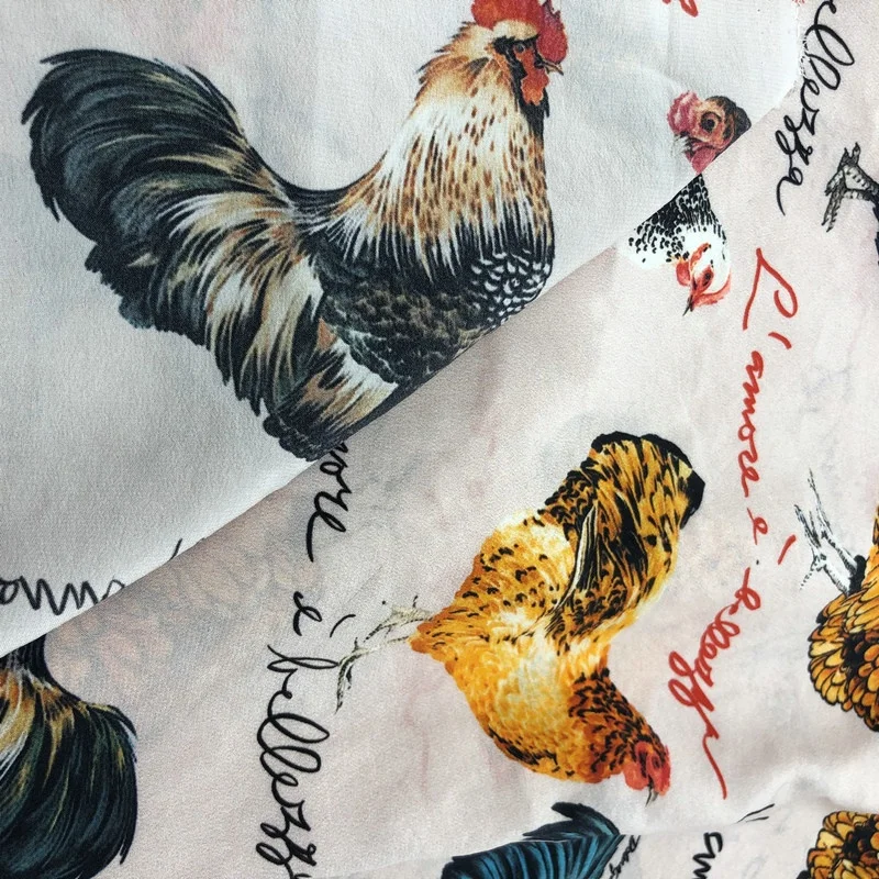 Fonesun-SK528 100%  Silk 16mm Dupion CDC Digital Chicken Hen Rooster Print Fabric for Pajamas