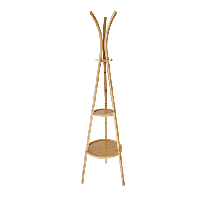 BSCI Factory Living Room Bamboo Clothes Rack Stand Coat Hanger With Shelves