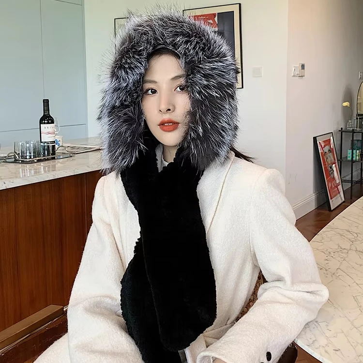 Winter Natural Fox Fur hat and scarf set Lady Warm designer hats Fluffy Lady Luxury Knit Real Rex Rabbit fur hat for women