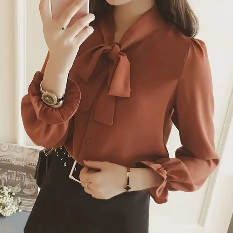 Women Pure Color Elegant White Shirt Fashion Chiffon Bow Tie Shirt