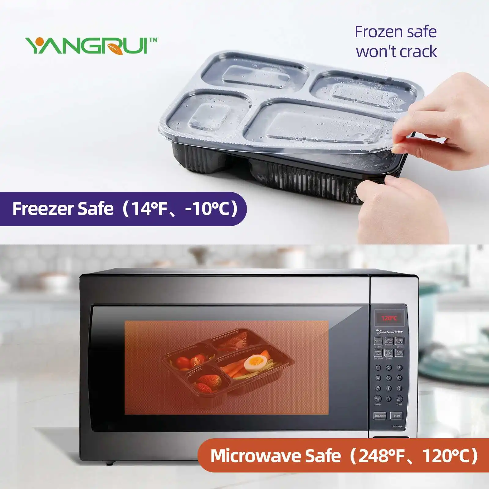 Microwaveable Clear Plastic Black Microwave Safe For Takeout Lunch Boxes 3 Compartment Food Storage To Go Containers