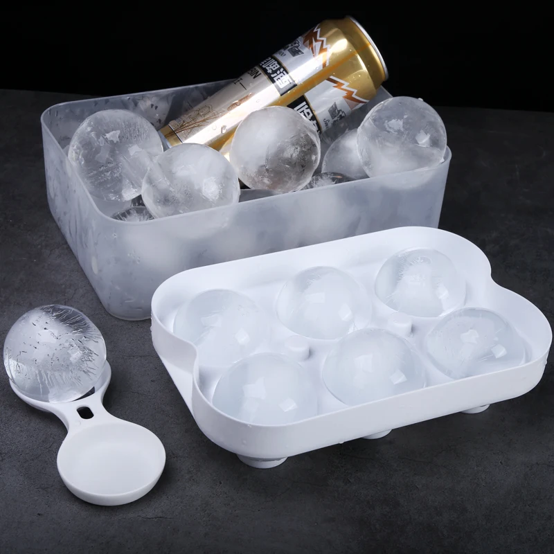 Custom Bpa Free 3D Whisky Sphere Square Cube Maker Freezer 6 Holes Drink Ball Silicone Ice Cube Tray Mold With Lid and Bin