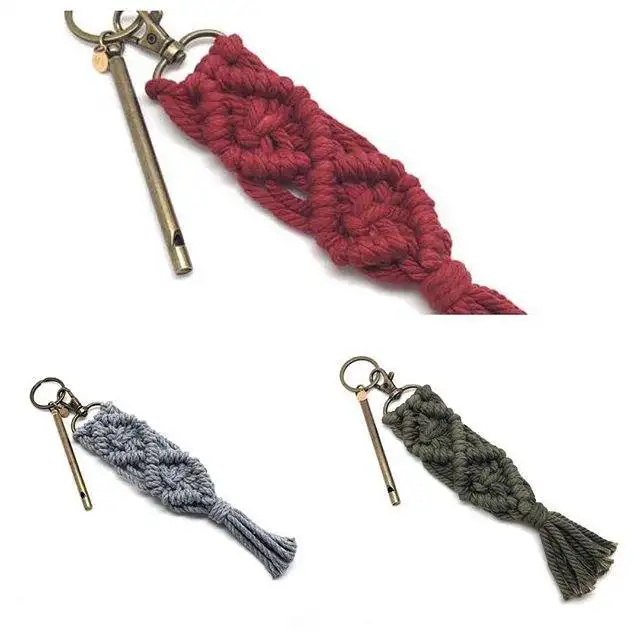 Lovely Natural Boho Macrame Keychains 100% Pure Cotton Rope Handmade Embossing Printing Key Chain Accessories for Purse or Car