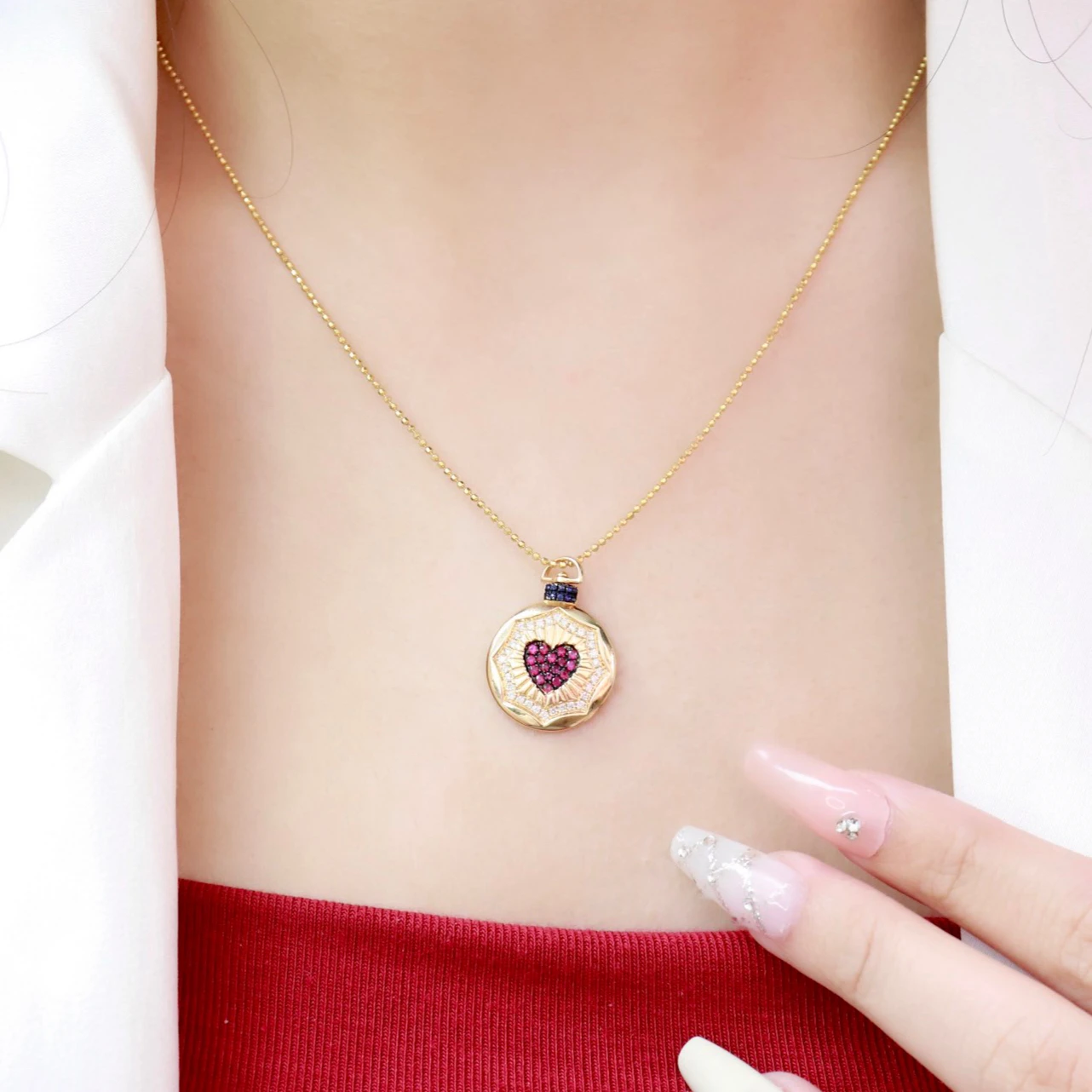 Lovely Ruby Sapphire Necklace Heart Shape Real 18k Gold Necklace