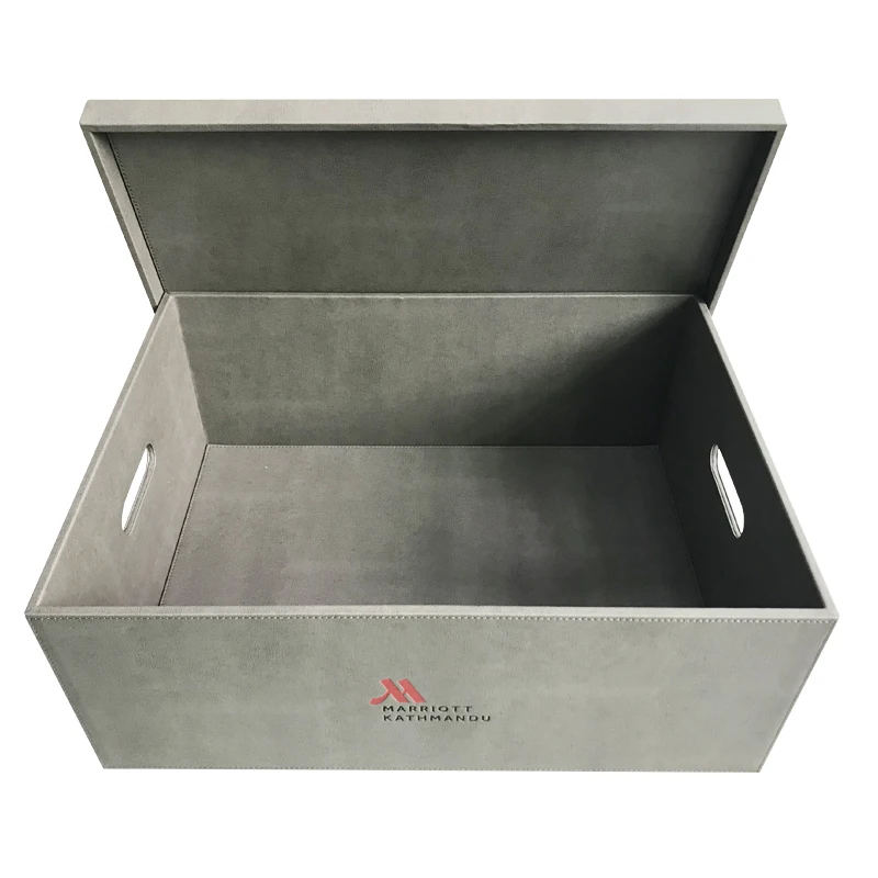 2021 new custom design gray faux pu leatherette leather amenities tray with electrical kettle and tea coffee sachetcompartment