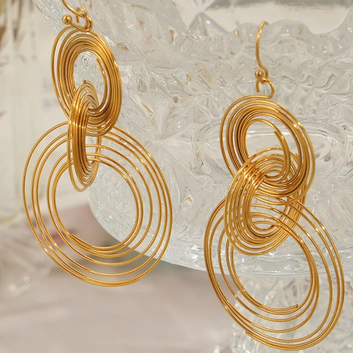 Hyperbole Multi Layer Interlocking Coil Hook Earring 18K Gold Plated 316L Stainless Steel Mosquito Coil Drop Earring