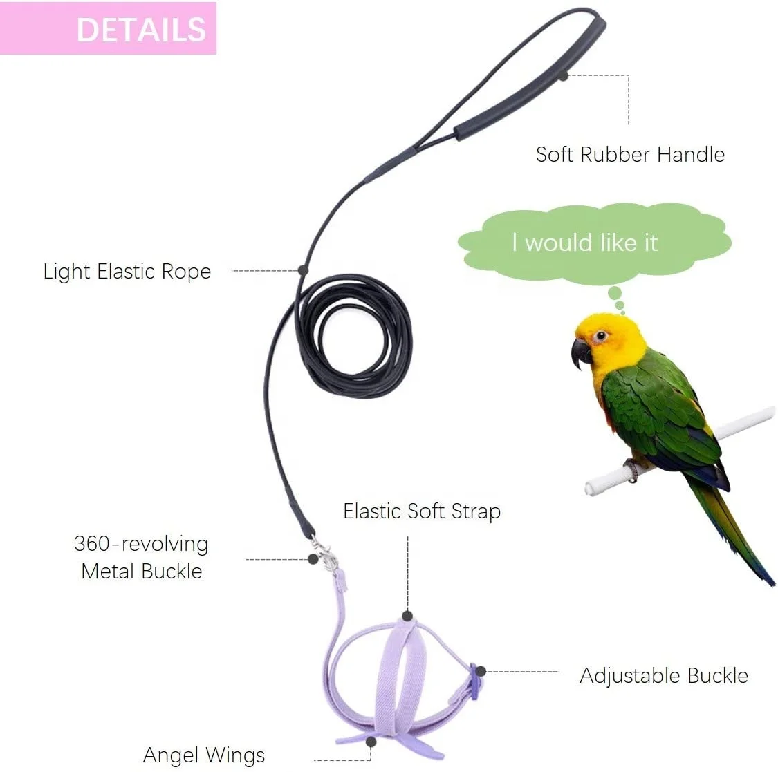 Adjustable Parrot Bird Harness Outdoor Flying Rope for Cockatiel Small Birds Cockatiel Monk Parakeet Conure Crested Myna