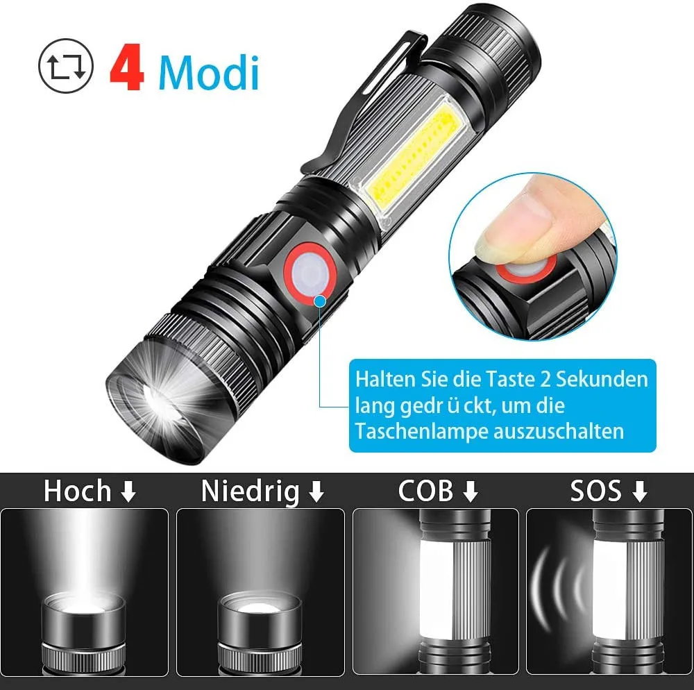 2022 New handy sturdy T6+COB 2 in 1 tactical zoom glare led flashlight TYPE-C rechargeable long range magnetic led torch