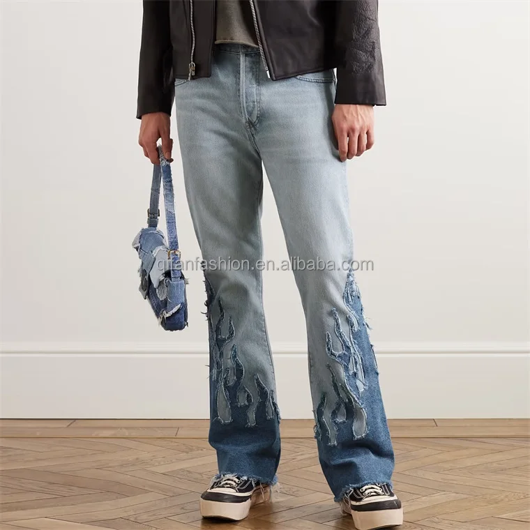 Custom Streetwear fire patchwork denim Trouser Washed Flared Jeans For Men