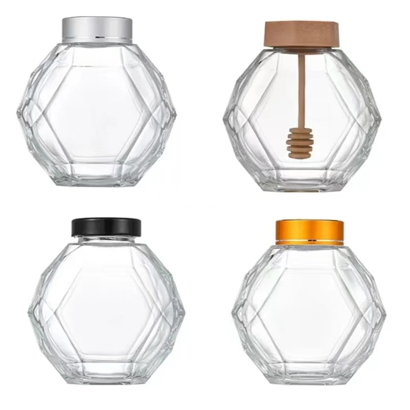 High quality 100ML 180ML 220ML 280ML 380ML Hexagon Glass Honey Storage Bottle Jar With Wooden Stick and black metal lid