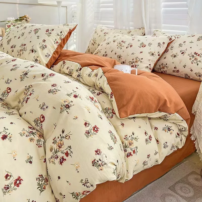 Simple Floral Print 100% Polyester Microfiber Anti-Allergic Deep Pocket Skin-Friendly Bed Sheet Quilt Cover Bedding 4 Piece Set