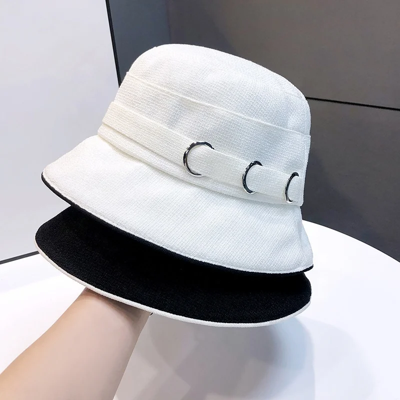 Wholesale Floppy Beach Travel Sun Hat Wide Brim Foldable Packable Women Fashon Designer Black White Bucket Hat With Metal Rings