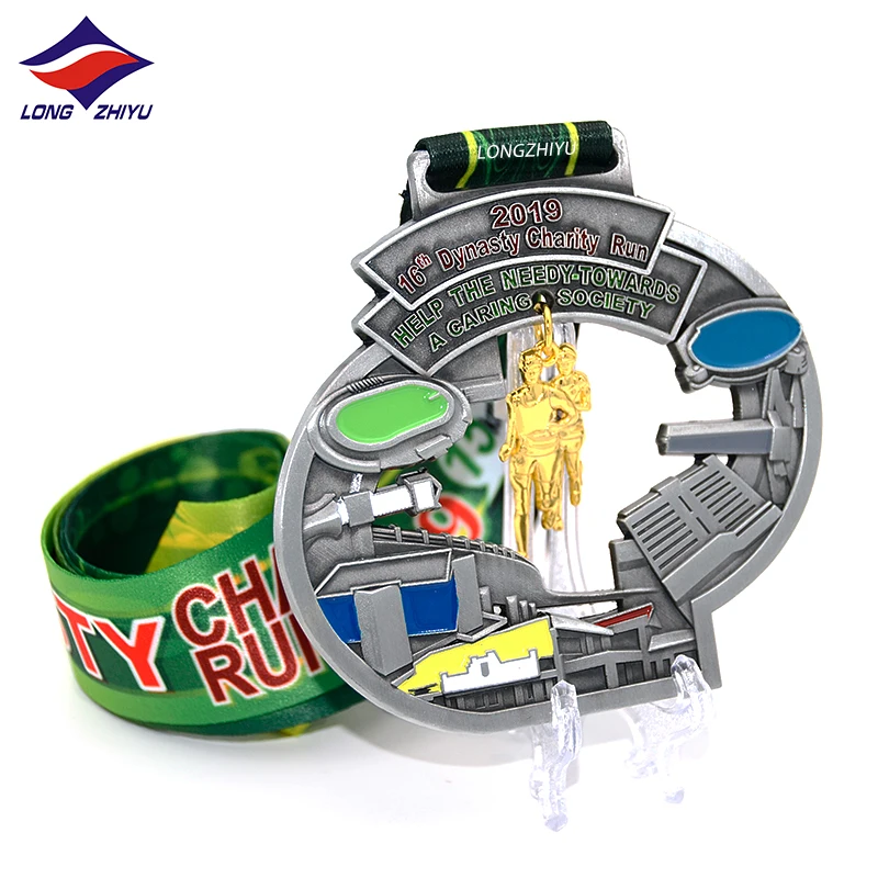 Longzhiyu 15 years maker sports marathon special antique silver and soft enamel cut-out with building  medals