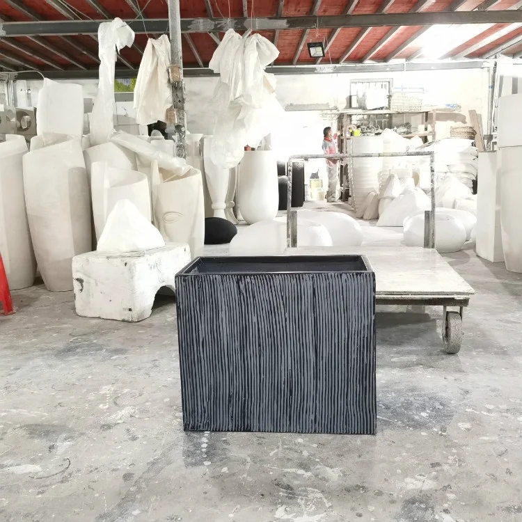 Factory direct sale light weight outdoor grey sandstone scratch cuboid fiberglass clay pot garden planter