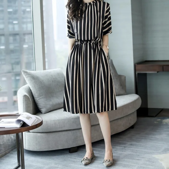 Wholesale Summer Fashion Vertical Drawstring Waist Women Elegant Midi Striped Dress In Stock