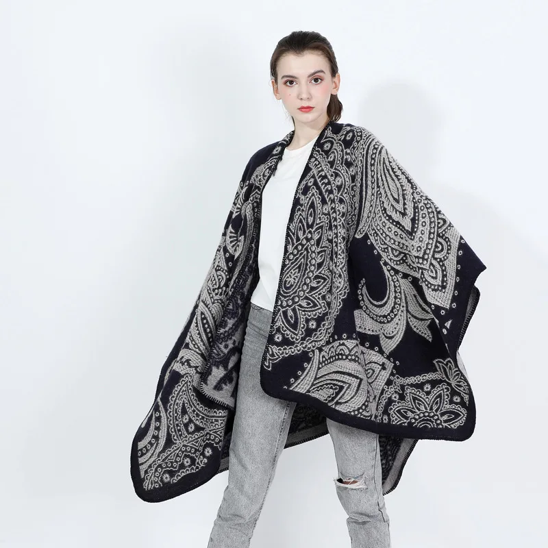 OEM Black Paisley  Acrylic Poncho Shawl New Black pattern women poncho  Classic Paisley Jacquard pattern Print  women  poncho