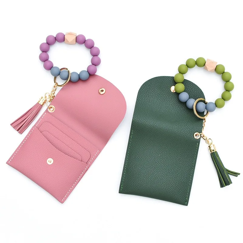 Tassel Key Ring Bangle Purse Designer Leather Card Holder Silicone Beaded Wristlet Keychain Wallet