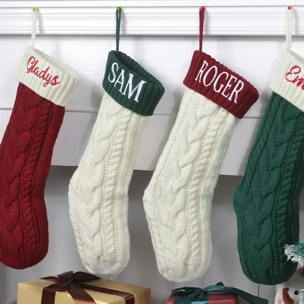 Embroidered Christmas Stocking Blank Customized Name Monogram Family Gift Large Knitted Stocking