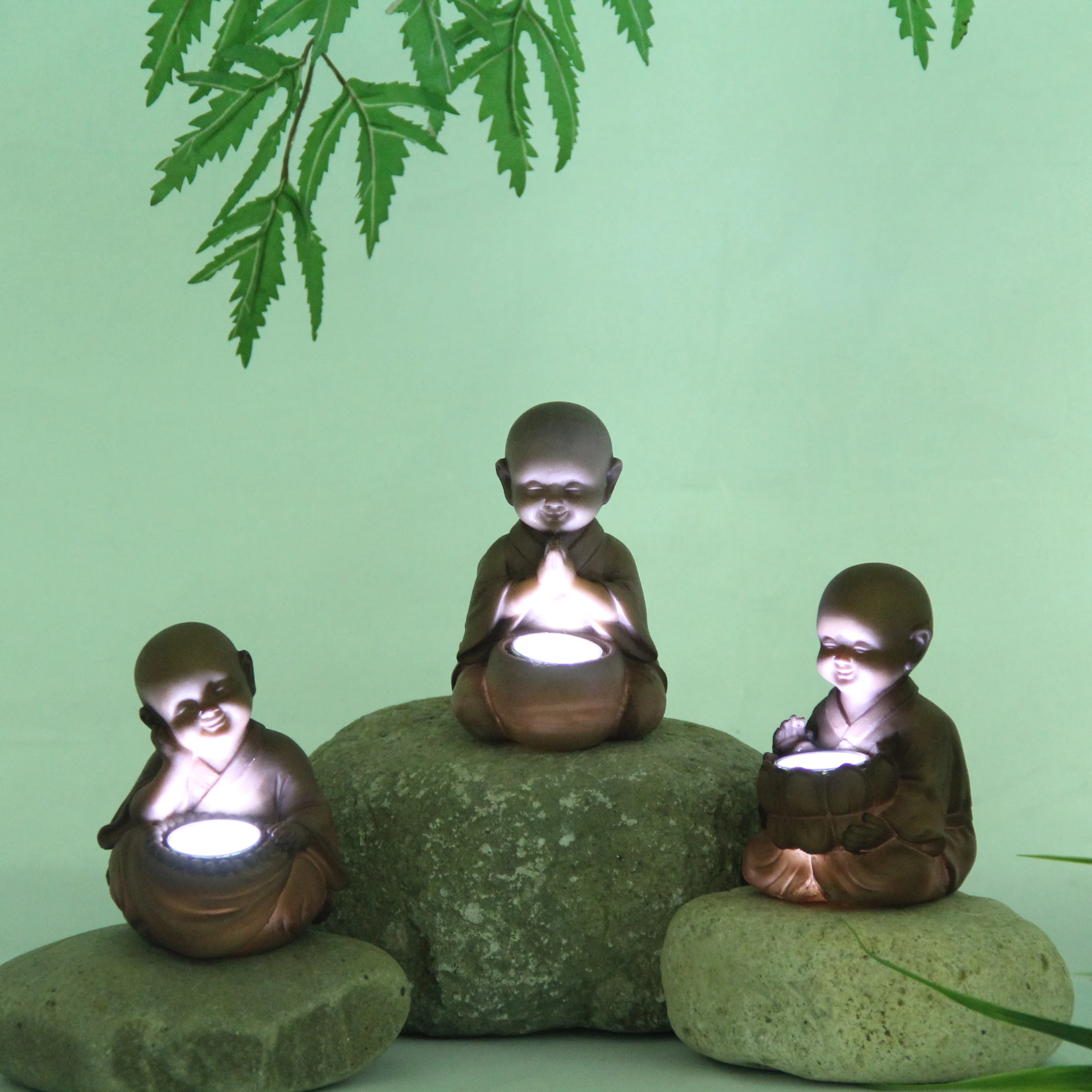 Statue resin ornaments happy buddha monk figure,led solar light statue garden monk decor wholesale solar garden lights