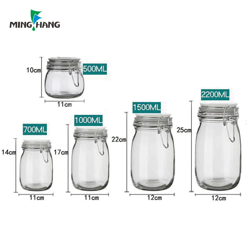 Empty 250ml 500ml 750Ml 1L Airtight Clamp Clip Lid Food Storage Glass Mason Jars With Flip Top Lid