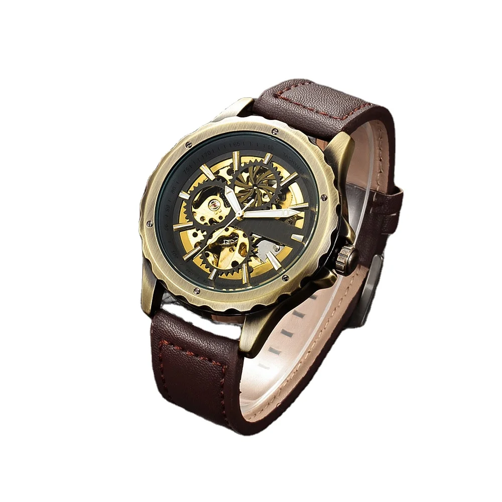 
Antique Bronze Watches Men Automatic Skeleton Wristwatches Vintage Top Men Luxury Brand Mechanical Watches Male Clock Gift 