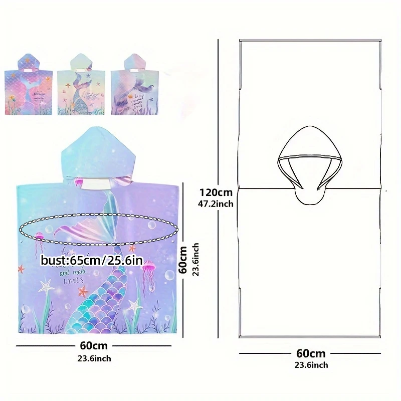 High quality children hooded printed cape Mermaid beach cape wearable children cartoon surf bath towel