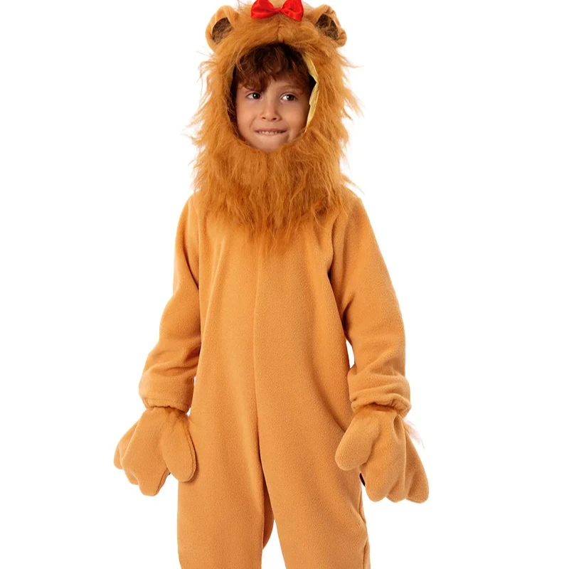 Halloween cowardly lion Animal cosplay role Play lion Cosplay Brown Plush Jumpsuit Costume with Headgear Outfit Funny Kid
