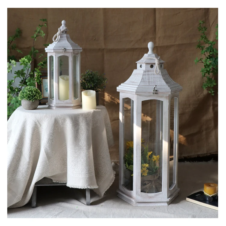 Decorative Lantern Retro Wooden Shooting Props Glass Lantern Candle Jars
