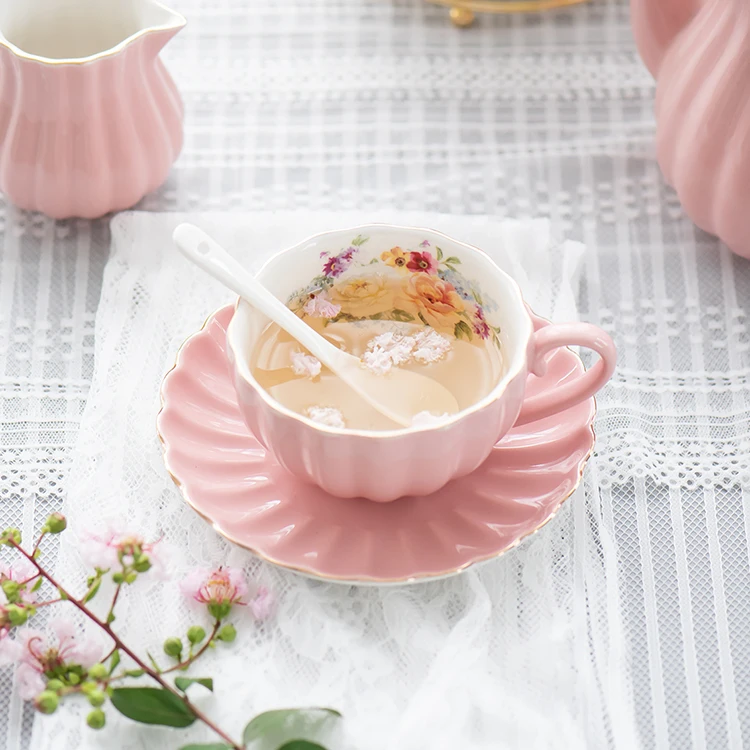 High quality porcelain flower shape gold rim decor custom color ceramic turkish coffee cups saucers tea cup sets