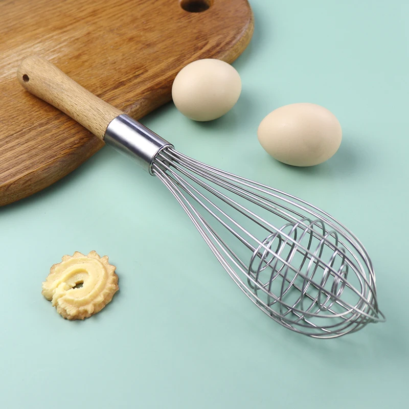 High Quality Stainless Steel Egg Whisk with Balloon Design Balloon Beater Home Kitchen Use Featuring Wood Handle Baking Stirring