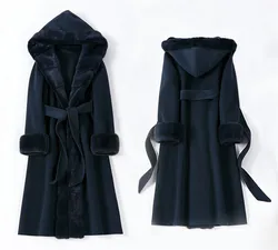 2021 New Real Hooded Wool Trench Coat Handmade Long Warm Wool Coat Women