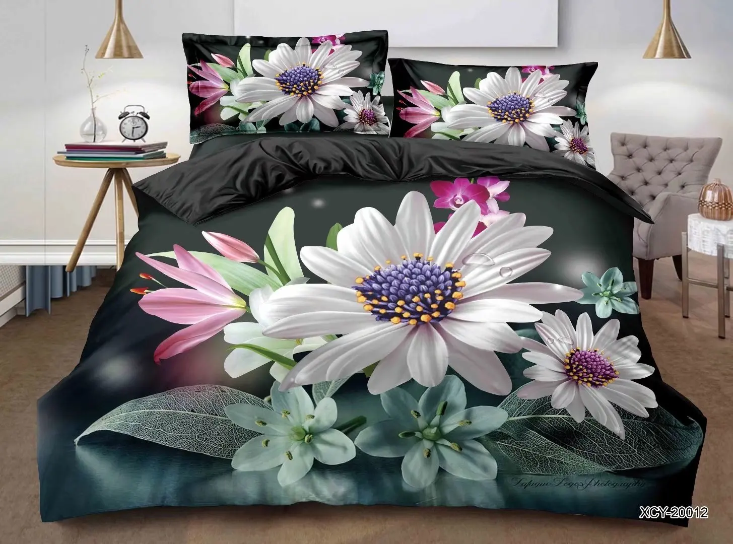 Custom Printed 3D Flower Red Rose Bed cover set 100 polyester printed 4 piece, 6 pieces bedding set