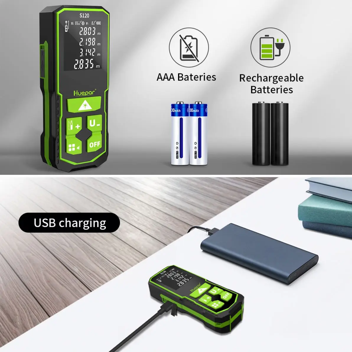 Huepar S120-G Metro Laser Msasure Distance Meter 393 Feet Green Point Pockets For Easy Carrying