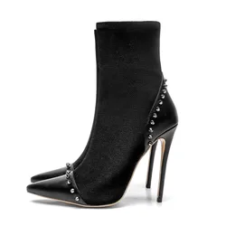 Women Black High Heel Ankle Boots Pointed Toe Rivets Studs Booties Stretch Kitted Fabric Stiletto Lady Dress Short Boots
