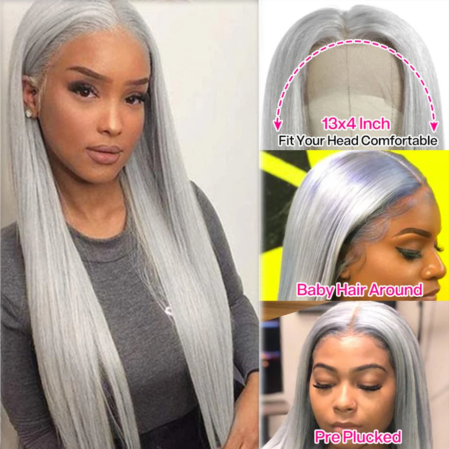 Lace Closure Brazilian Remy Straight Human Hair Wig Gray Color Blonde Hd 30 Inch Gray Hair Wig Silver Color Lace Frontal Wig
