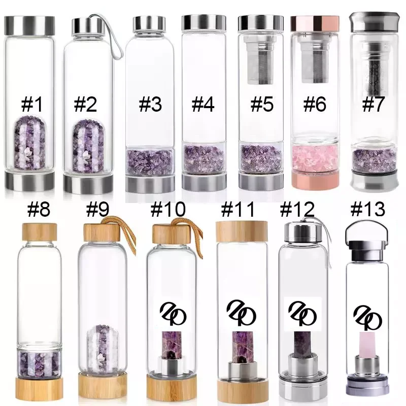 Custom Logo 550ml Stainless Steel Lid Novelty Gift Glass Healing Stone Crystal Water Bottle