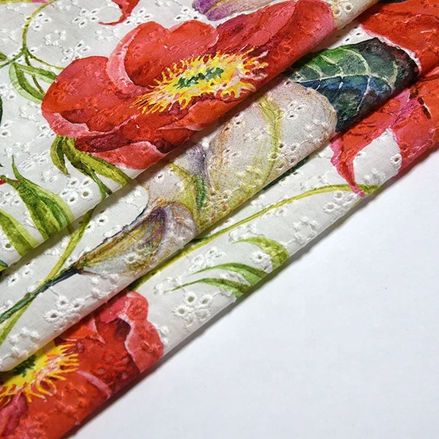 Best customized big flower print embroidery cotton eyelet lace fabric for clothing