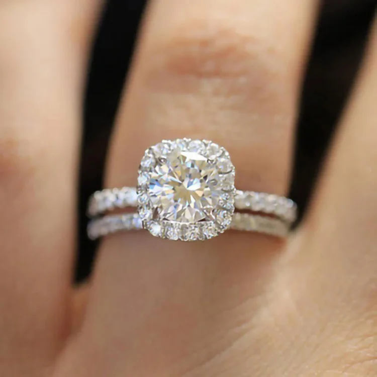 Silver Color CZ Rings 2pcs Set Simple Zircon Engagement Ring Jewelry Design Square Wedding Alloy Engagement Rings for Women N/A
